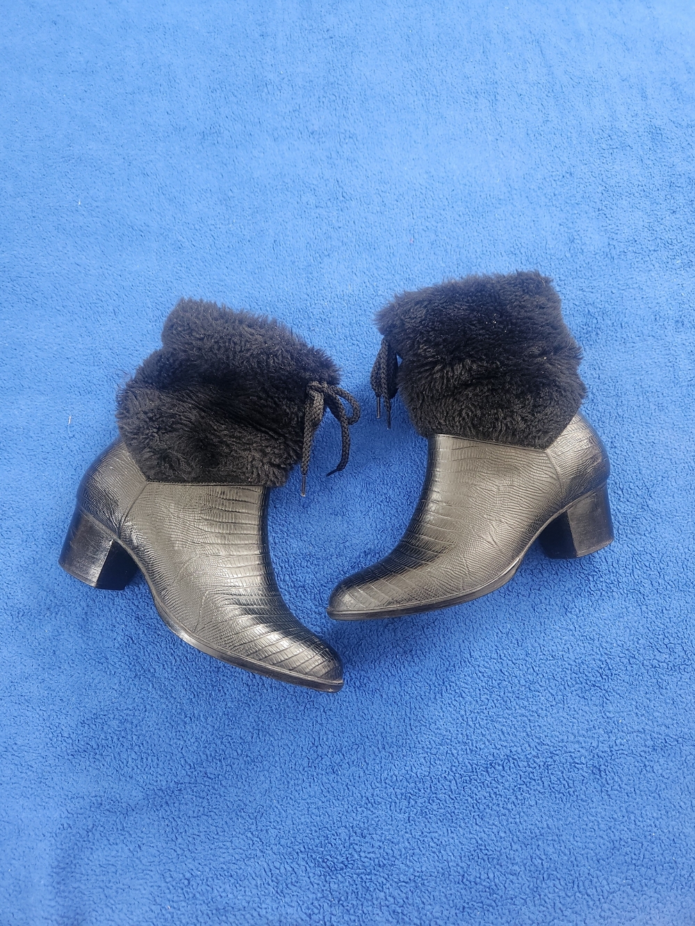 Women's Vintage Black Faux Fur Cuff Leather Ankle Boots Size 8